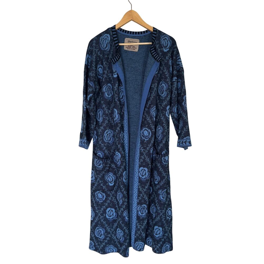 GUDRUN SJODEN Blue Floral Long Knit Wool Organic Cotton Duster Cardigan Size XS